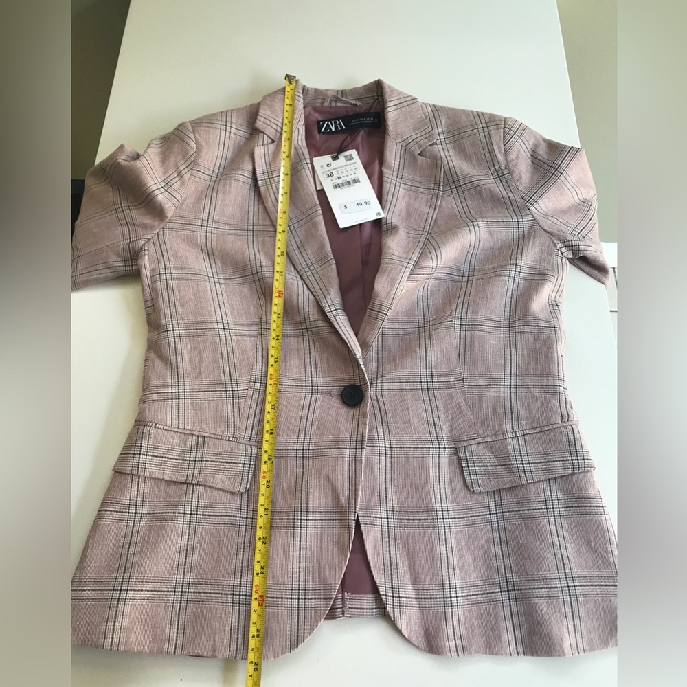 NWT! Zara Tailored Linen Blend Plaid Blazer In Dusty Pink Size: US 6 EUR 38 - Picture 13 of 15